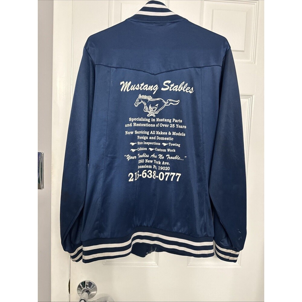 Car Mechanic “Mustang” Track Jacket- Navy With White Stripes (size large)
